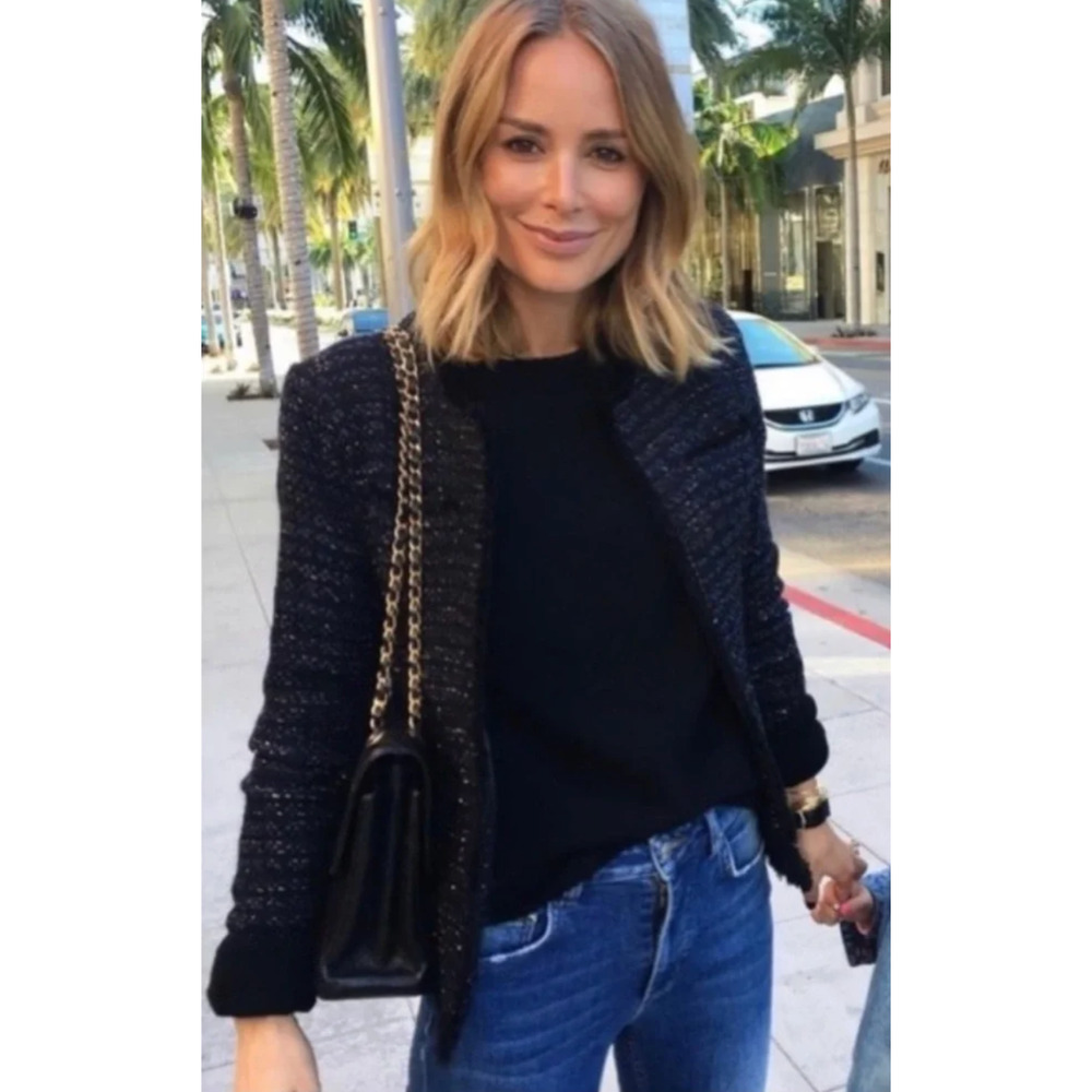 Anine Bing Blazer XS Navy Metallic Tweed Fringe Open Jacket Old Money Preppy